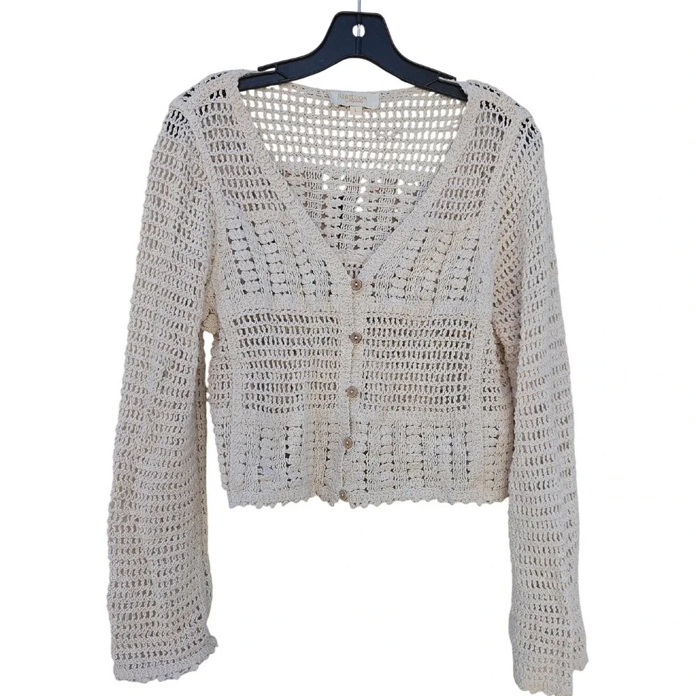 Boho Crocheted Cotton Woodland Granny Cardigan Large Flare Forrest Fairy Neutral